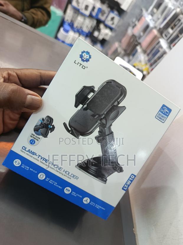 Car Phone Holder, Dashboard Mount With Suction Cup, Black Telescopic, - thumbnail 2