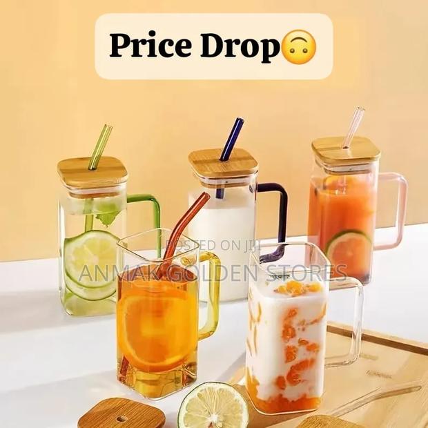Square Smoothie Glass Cup With Bamboo Lid Glass Straw