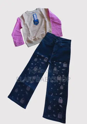 Printed Denim Long Sleeve Top Turkey Set