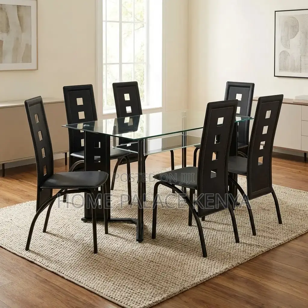 Dining Set: 6 Person Dining Set With Long Back Perforated Chairs