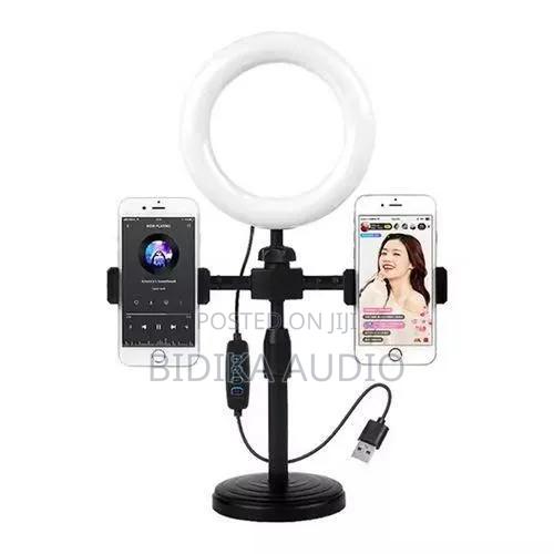 Desktop Ring Light With Dual Phone Holder and in-Line Controller