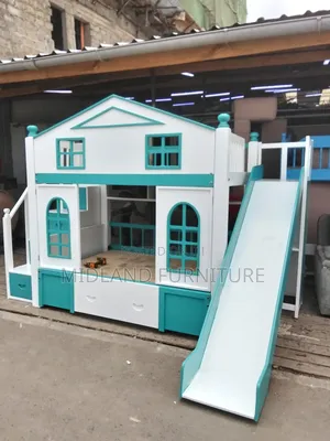 House Themed Kids Bunk Bed With Slide and Storage