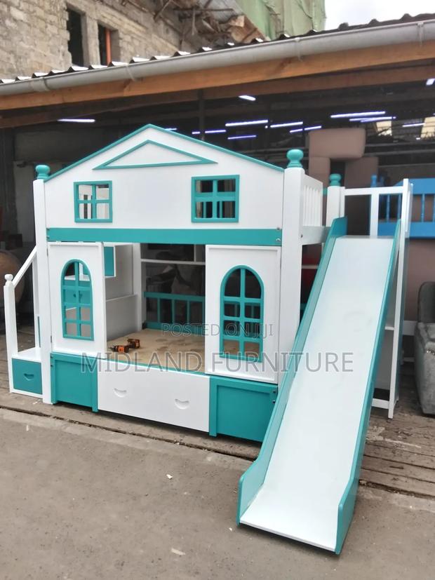 House Themed Kids Bunk Bed With Slide and Storage