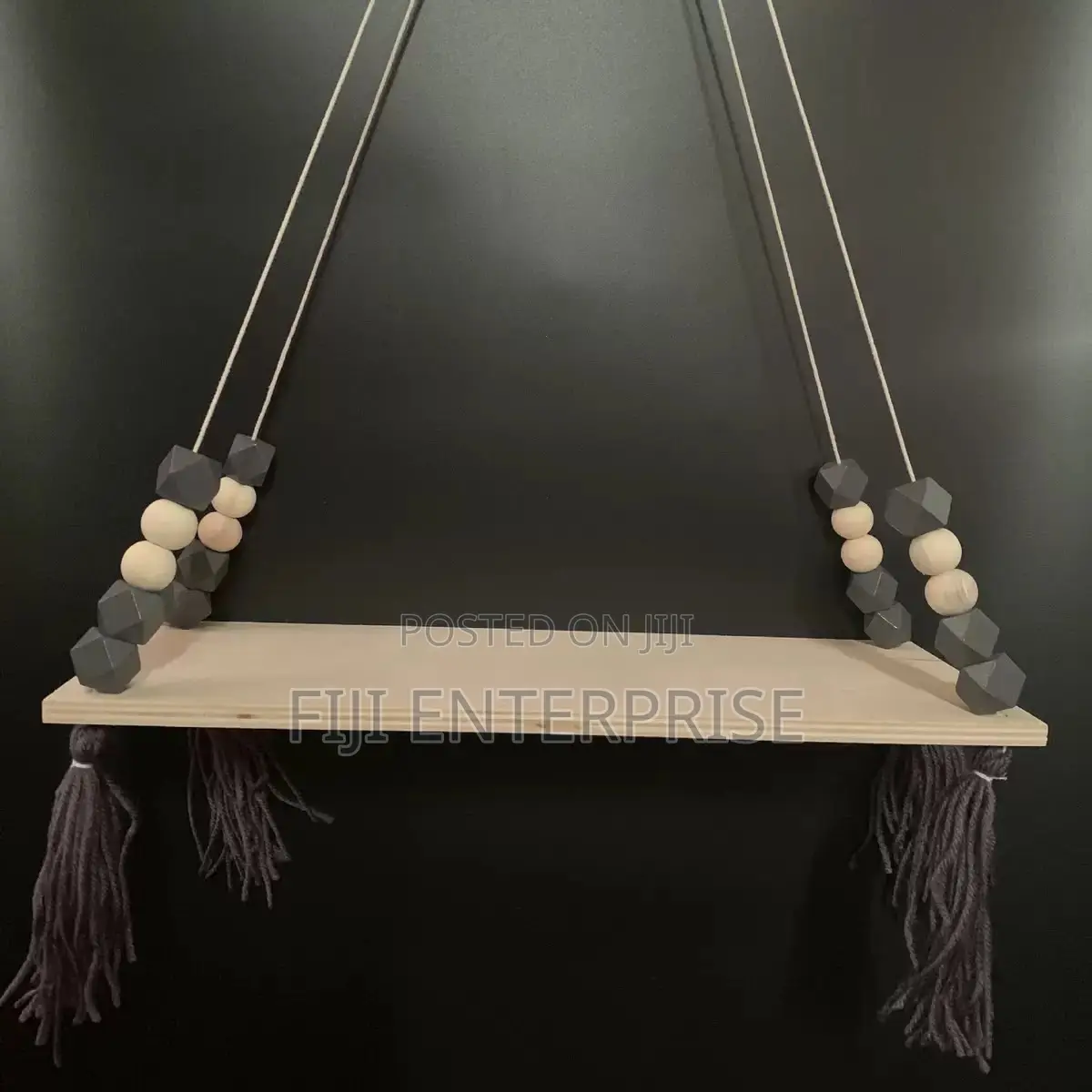 Boho Wooden Rope Hanging Shelf With Tassel Bead Décor – Wall Swing