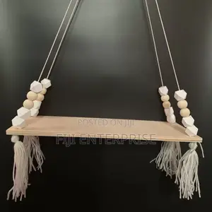 Boho Wooden Rope Hanging Shelf With Tassel Bead Décor – Wall Swing