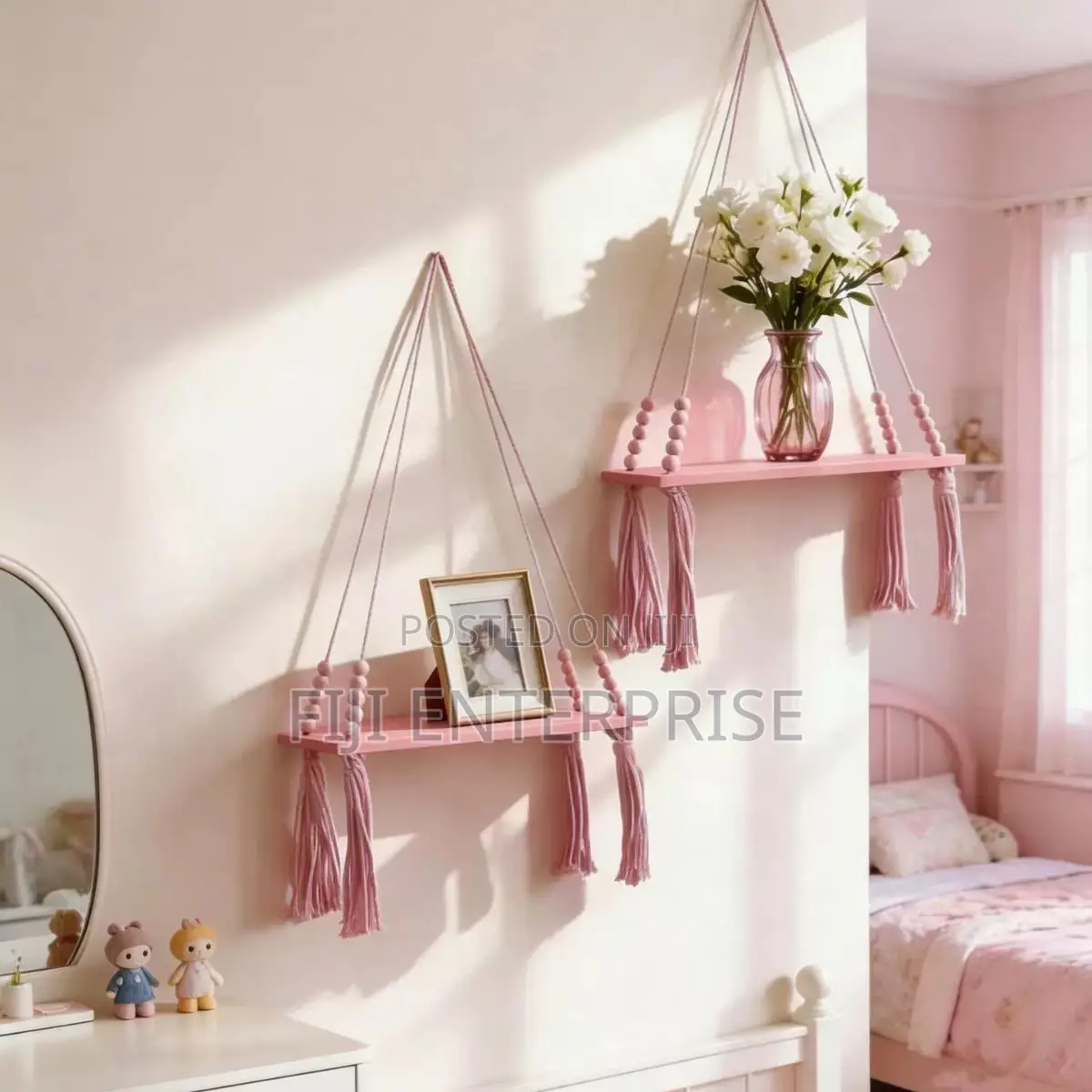 Boho Wooden Rope Hanging Shelf With Tassel Bead Décor – Wall Swing