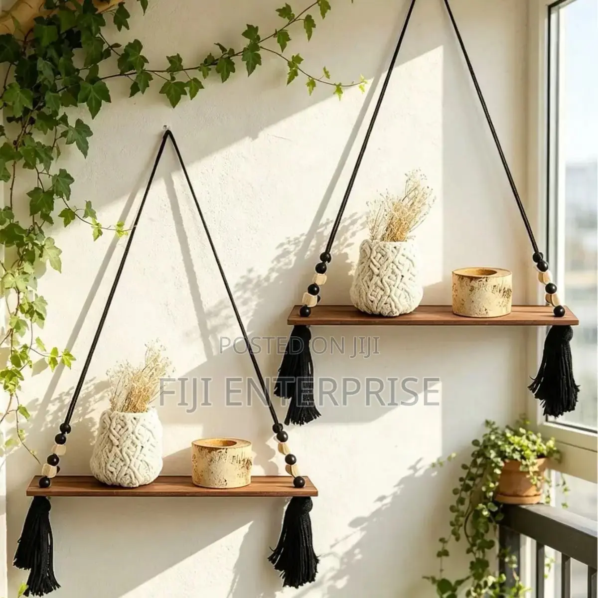 Boho Wooden Rope Hanging Shelf With Tassel Bead Décor – Wall Swing