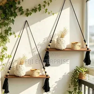 Boho Wooden Rope Hanging Shelf With Tassel Bead Décor – Wall Swing