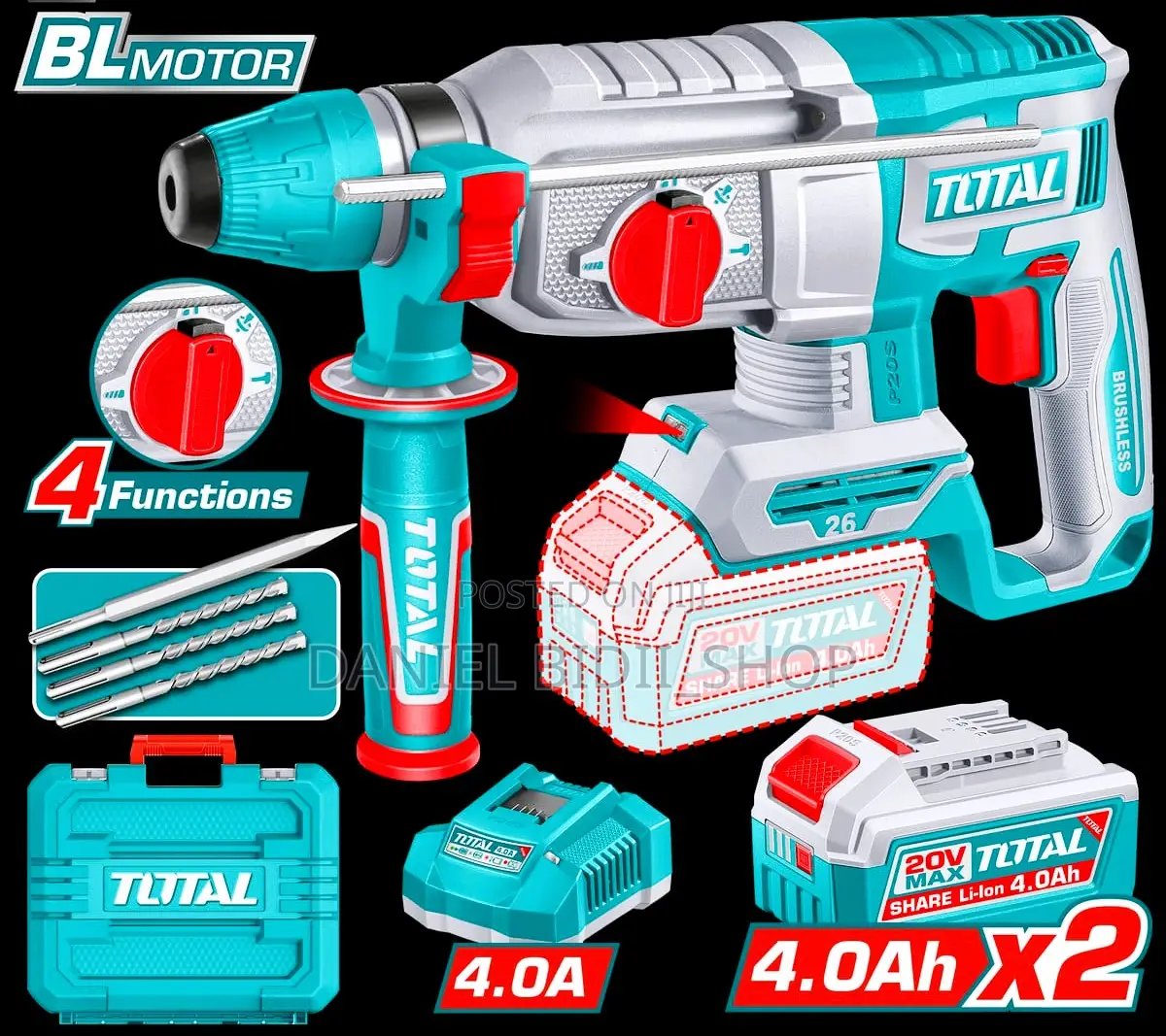 Cordless Brushless Rotary Hammer With 2pcs 4a.H Batteries and Charger.