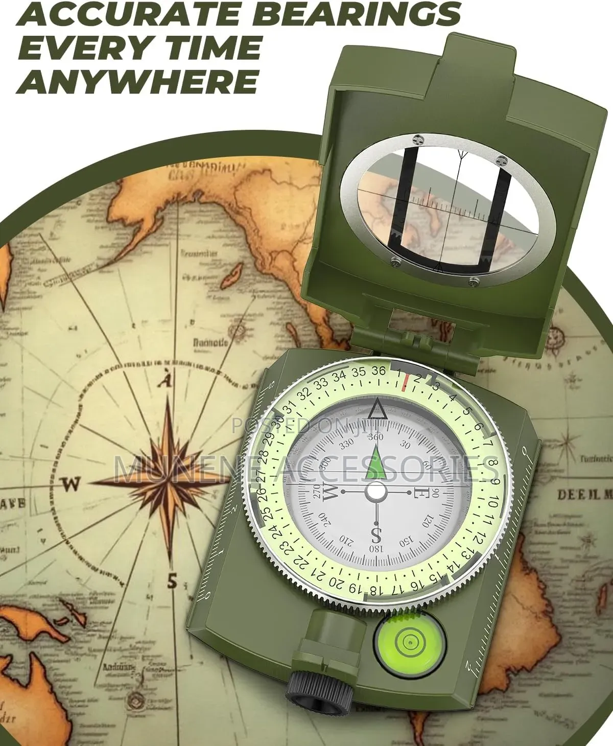 Military Lensatic Sighting Compass Waterproof Shakeproof, Army Green