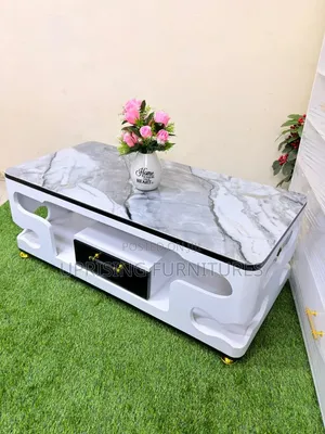 Coffee Table White Black Drawer Marble Top Grey