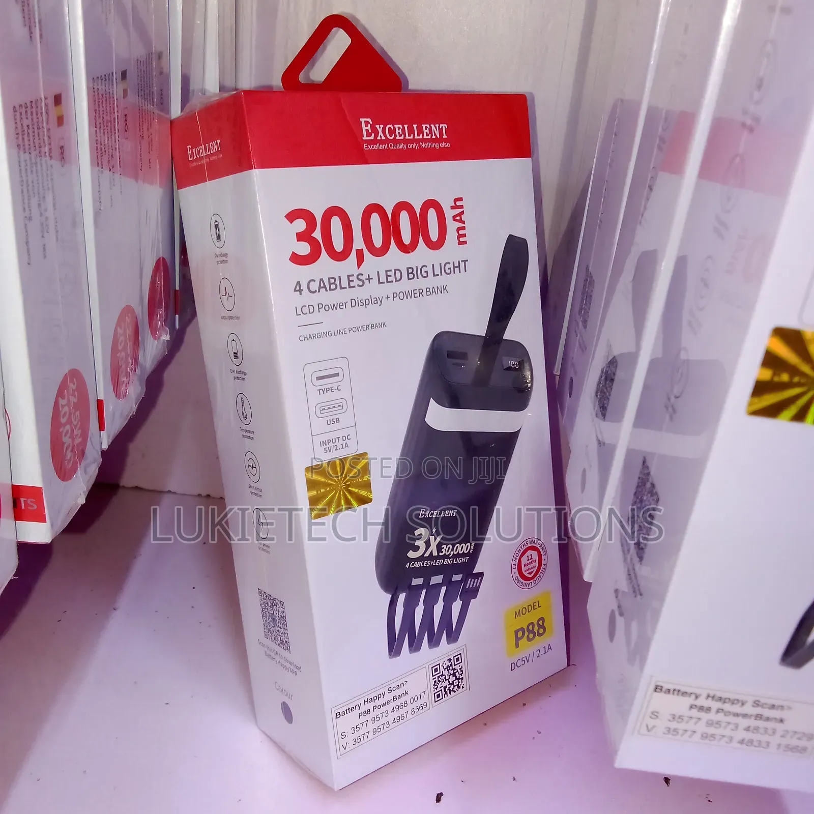 30000mah Excellent Powerbank 4 Cables,Led Big Light Input 5v/2.1a