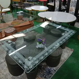 Coffee Table: Long Coffee Table With 4 Leather Stools