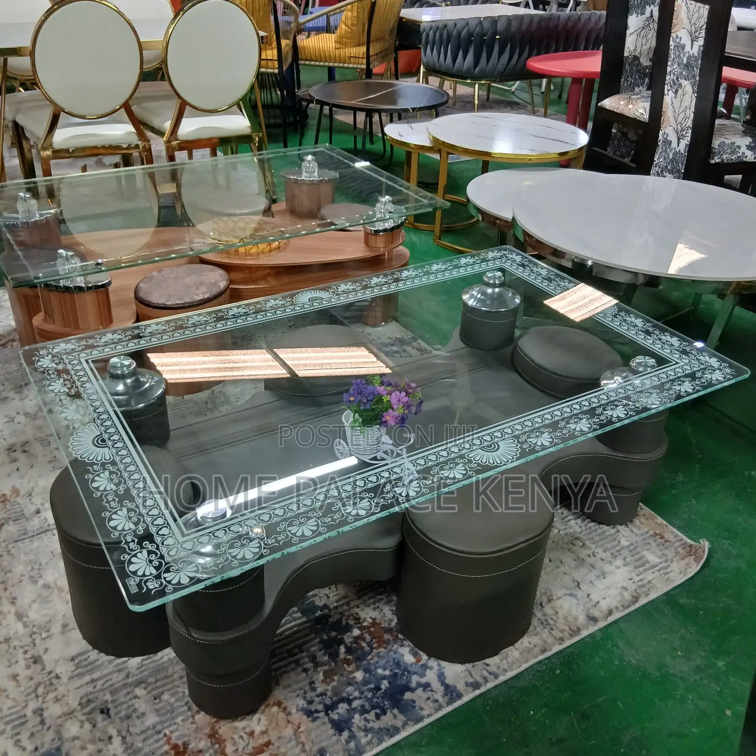 Coffee Table: Long Coffee Table With 4 Leather Stools
