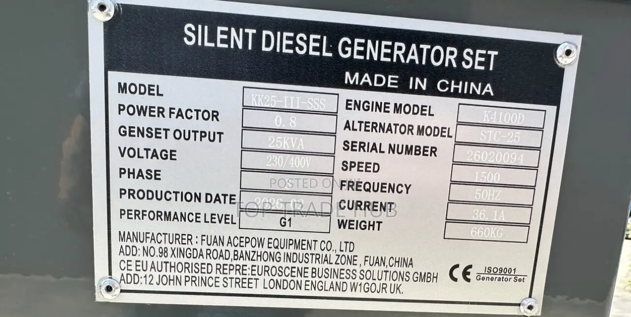 Thompson England Automatic Silent Diesel Generator 20kw/25kva 3 Phase