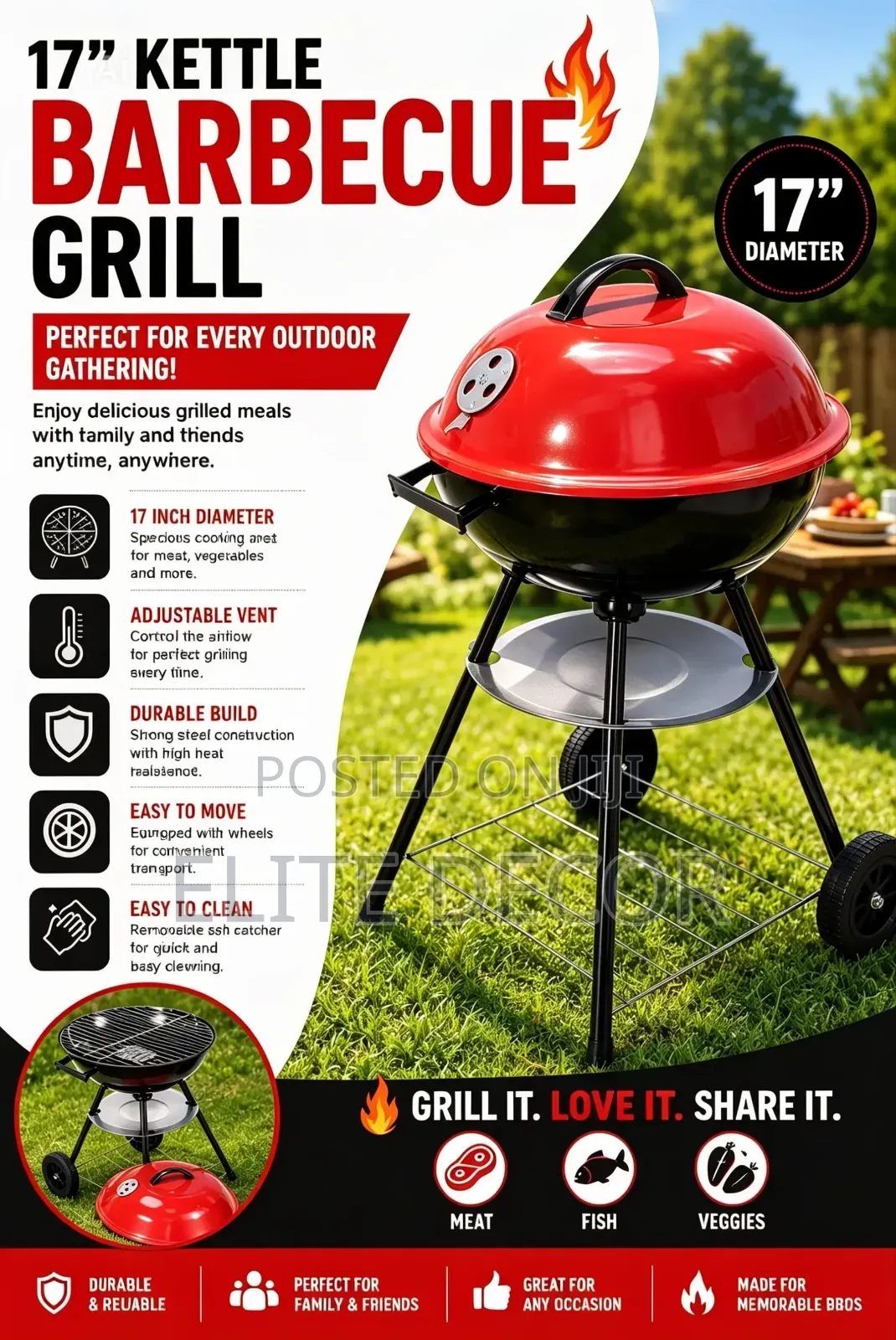 17" Kettle Barbecue Grill – Heavy Duty Charcoal Bbq Grill, Portable