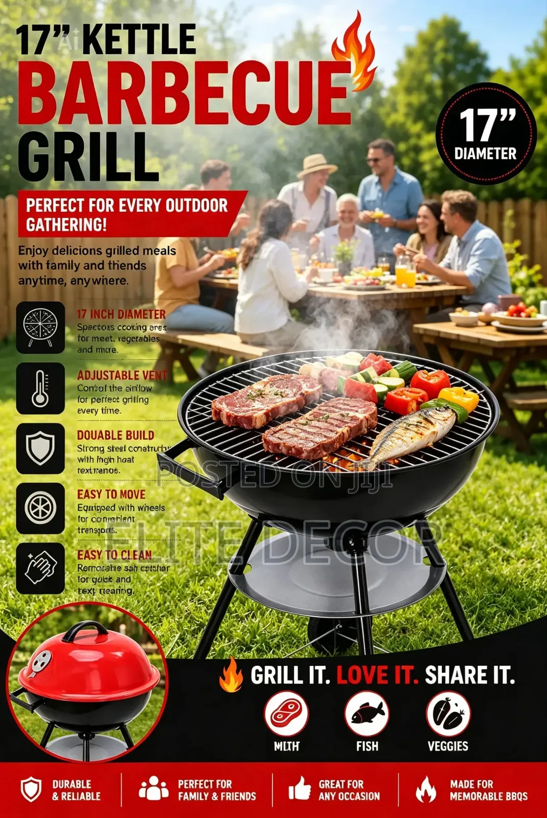 17" Kettle Barbecue Grill – Heavy Duty Charcoal Bbq Grill, Portable