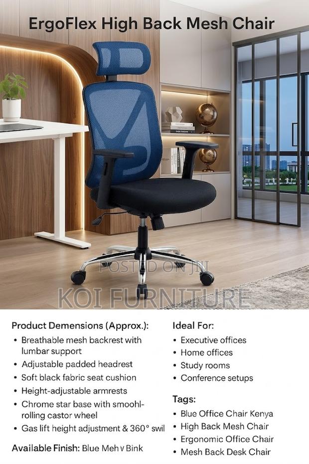 Office Chairs; Ergonomic Office Chair With Blue Style Backrest - thumbnail 3