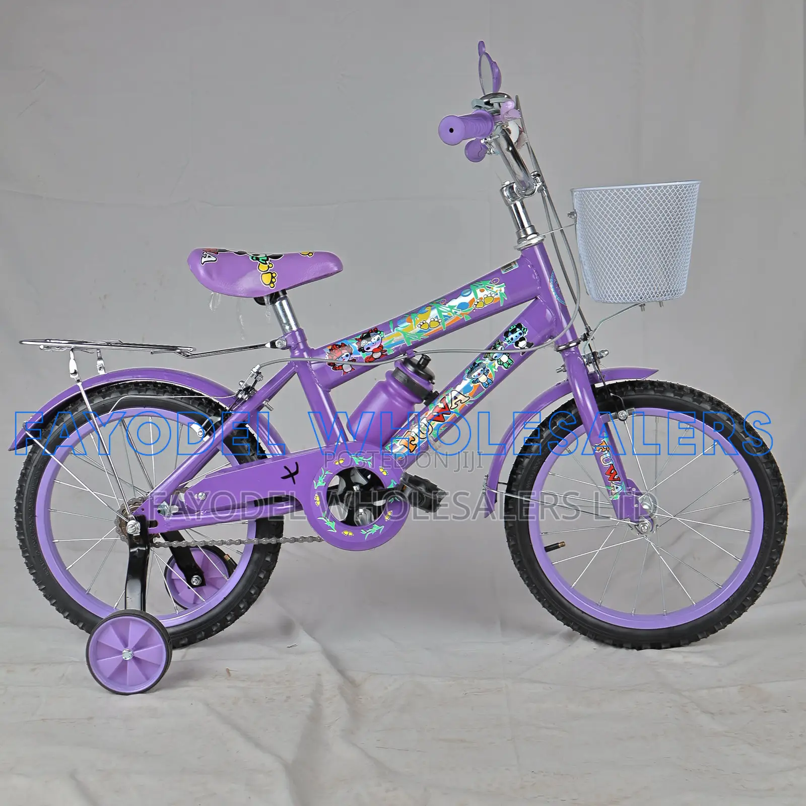 Purple Fuwa Kids Bicycle 16 Inch With Basket Training Wheels
