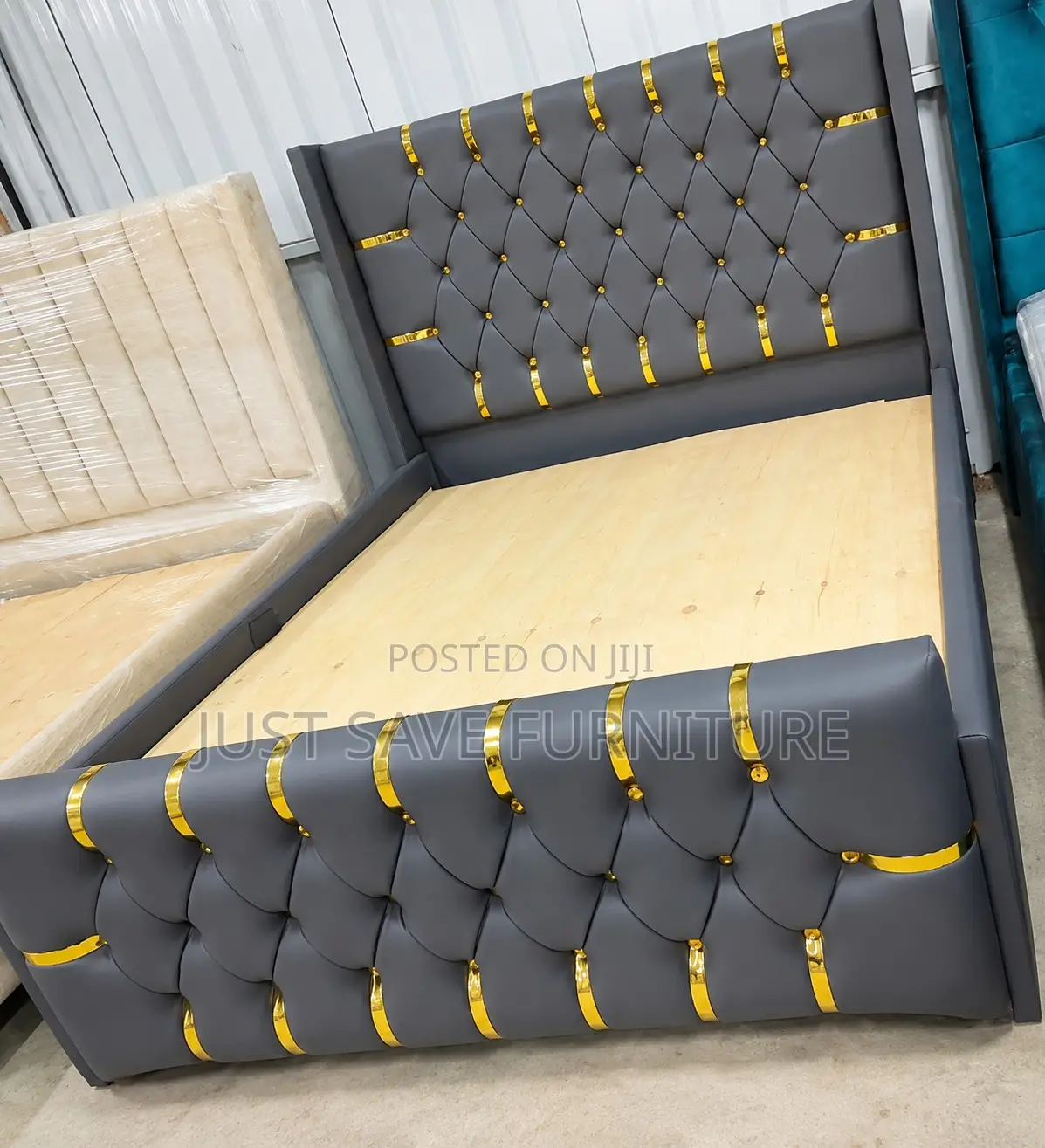 5x6 Luxury Grey Upholstered Bed | Tufted Bed Frame With Gold Accents