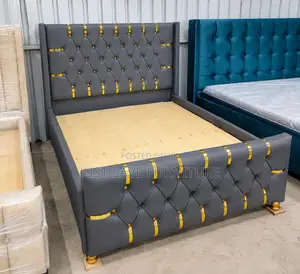 5x6 Luxury Grey Upholstered Bed | Tufted Bed Frame With Gold Accents