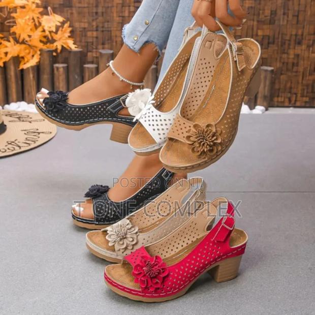 Original Quality Ladies Block Heels Sandals White Black Red Brown