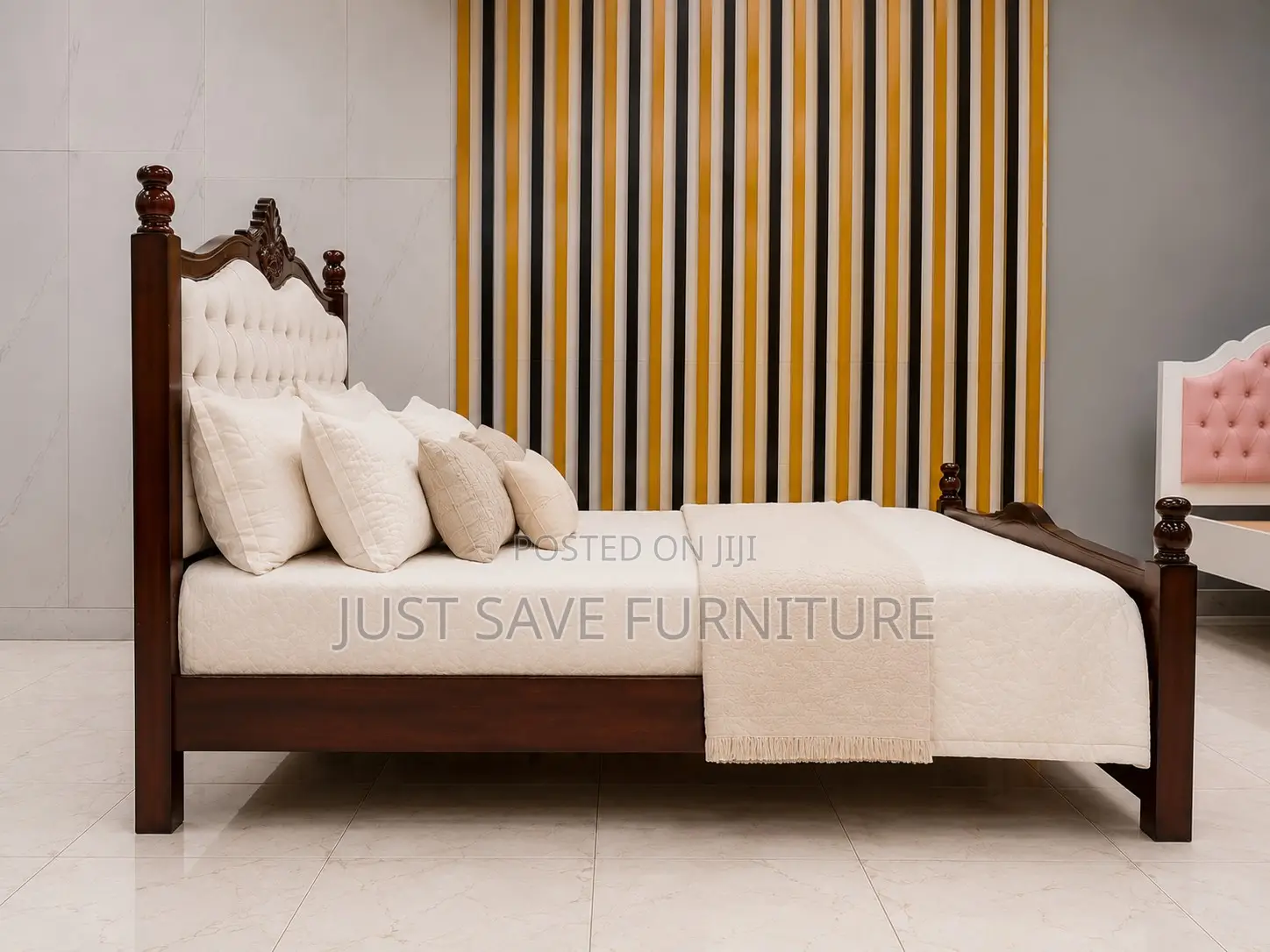 5x6 Solid Mahogany Wooden Bed | Tufted Upholstered Headboard
