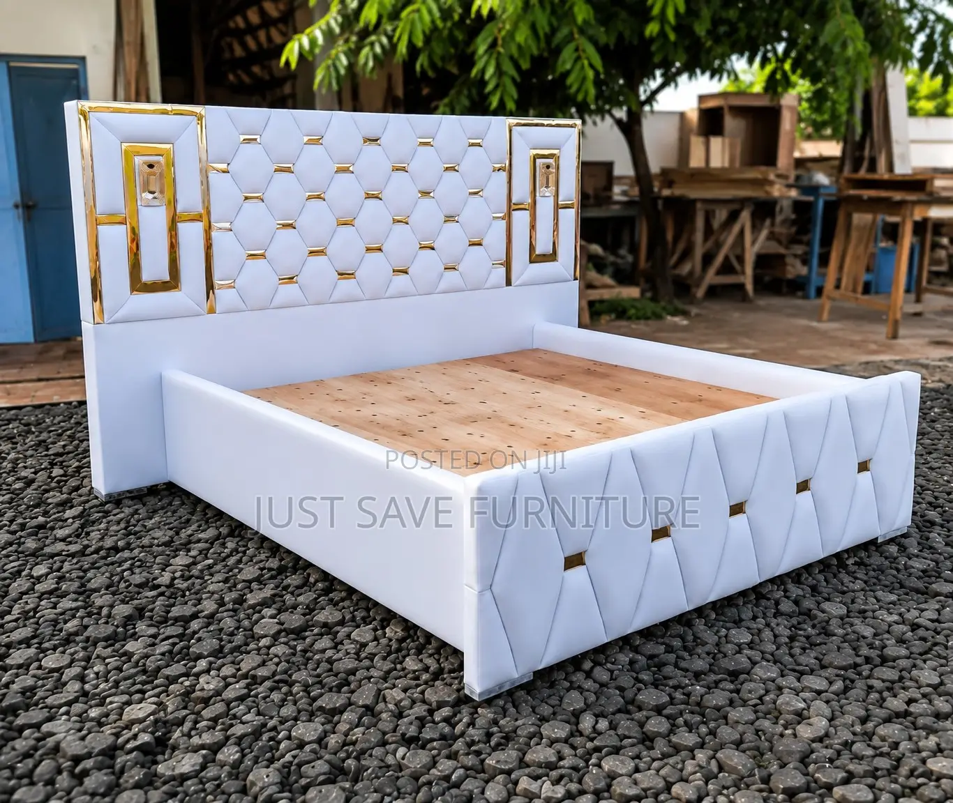 5x6 Luxury White Upholstered Bed | Modern Bed Frame With Gold Accents