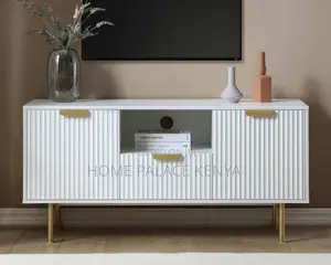 Tv Cabinet: Whited Carved Fluted Tv Stand With Gold Accents