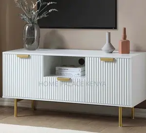 Tv Cabinet: Whited Carved Fluted Tv Stand With Gold Accents