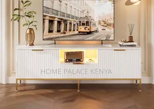 Tv Cabinet: Whited Carved Fluted Tv Stand With Gold Accents