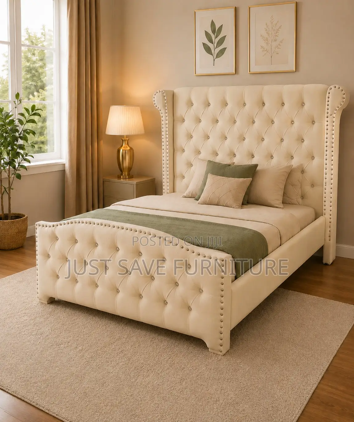 5x6 Luxury Wingback Upholstered Bed | Cream Tufted Bed Frame