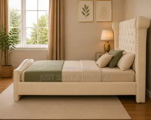 5x6 Luxury Wingback Upholstered Bed | Cream Tufted Bed Frame