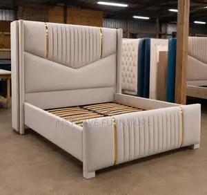 5x6 Luxury Cream Upholstered Bed With Gold Accents | Modern Velvet Bed