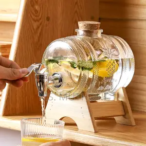5 L Glass Manual Beverage Dispenser With a Bamboo Stand