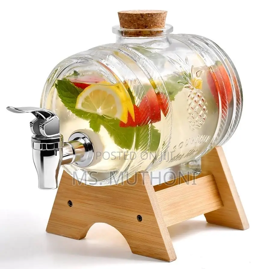 5 L Glass Manual Beverage Dispenser With a Bamboo Stand