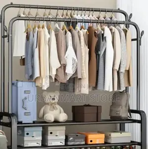 Double Pole Multipurpose Clothes Rack With Storage Shelves