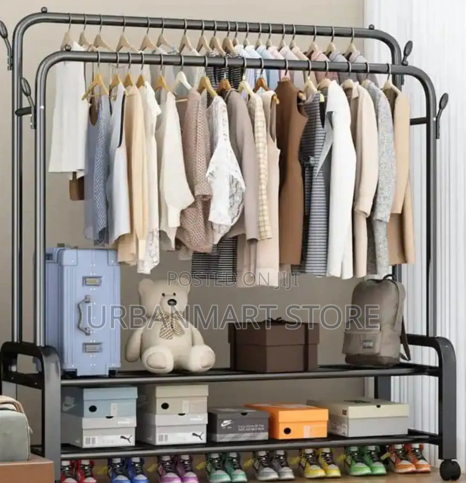 Double Pole Multipurpose Clothes Rack With Storage Shelves