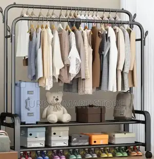 Double Pole Multipurpose Clothes Rack With Storage Shelves