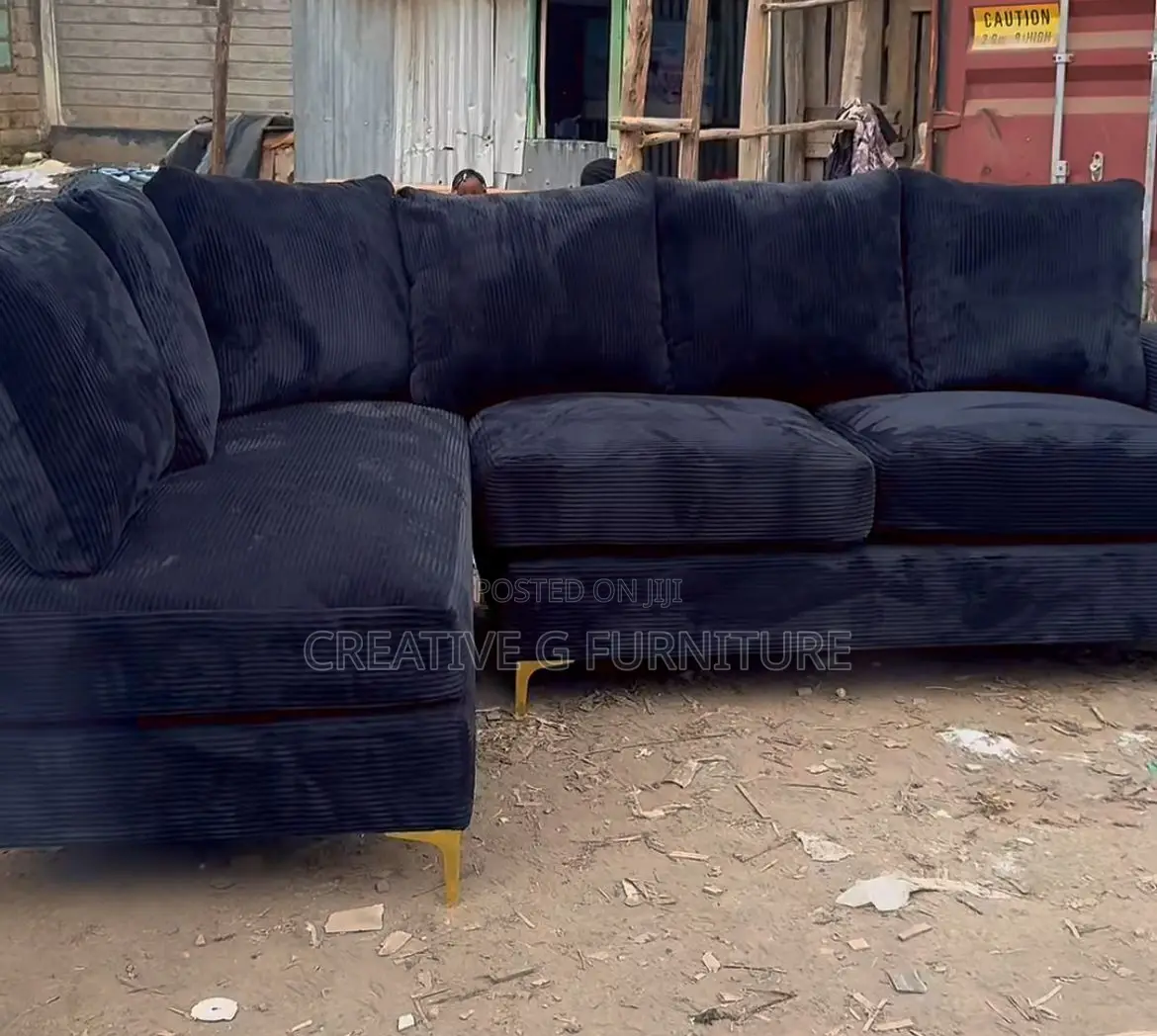Modern Black Corduroy L‐Shaped Sofa