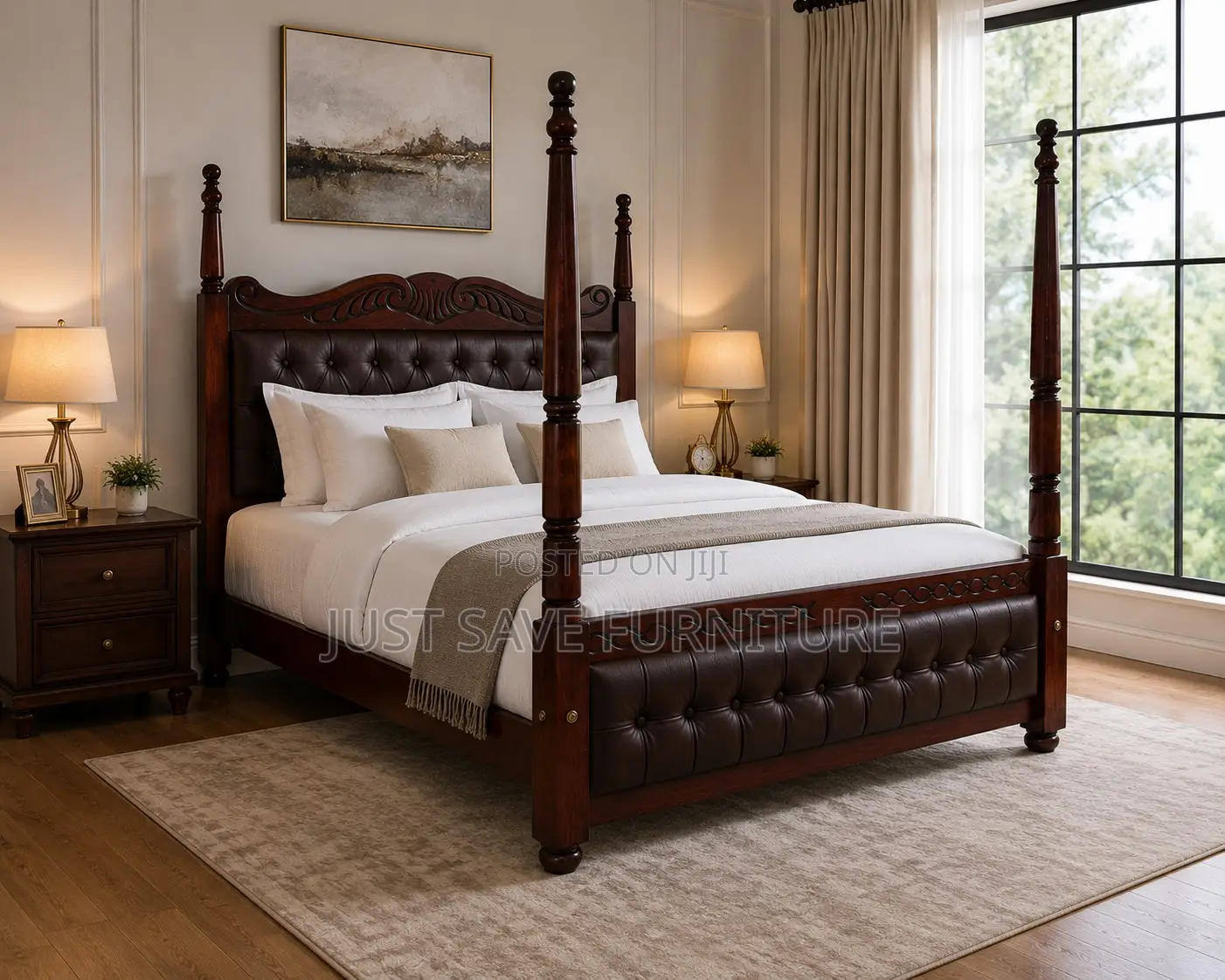 5×6 Elegant Wooden Four Poster Bed With Upholstered Headboard