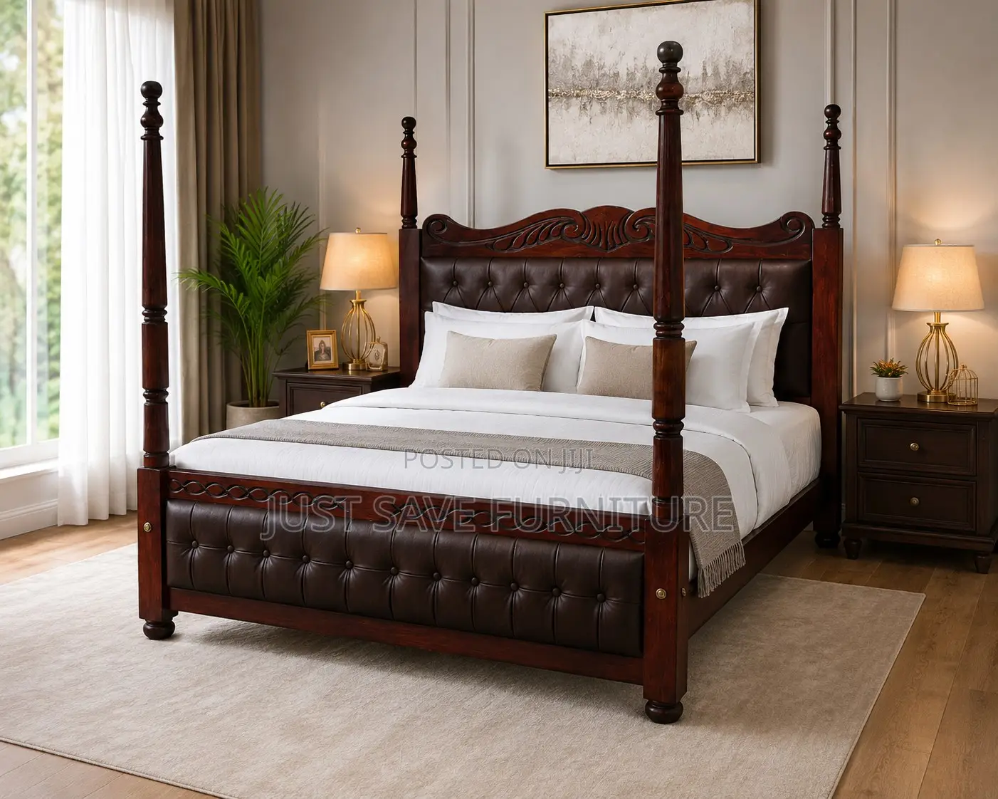 5×6 Elegant Wooden Four Poster Bed With Upholstered Headboard