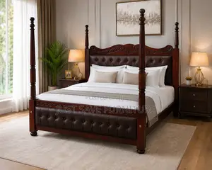 5×6 Elegant Wooden Four Poster Bed With Upholstered Headboard