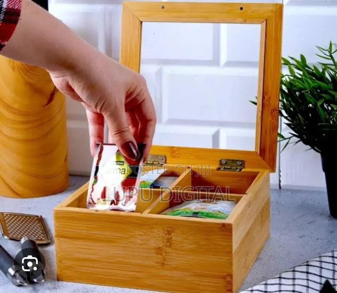 Compartment Bamboo Tea Bag Organizer With Clear Cover