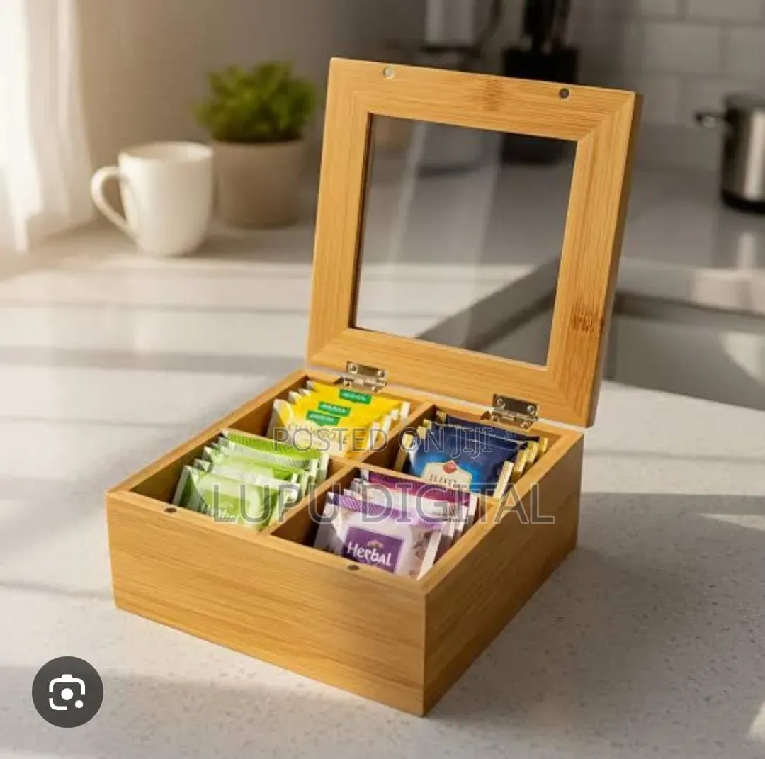 Compartment Bamboo Tea Bag Organizer With Clear Cover