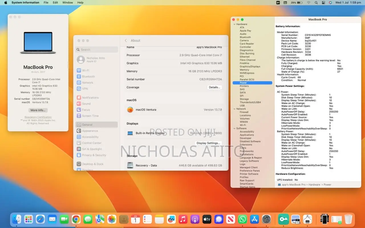 Laptop Apple MacBook Pro 16GB Intel Core i7 SSD 500GB