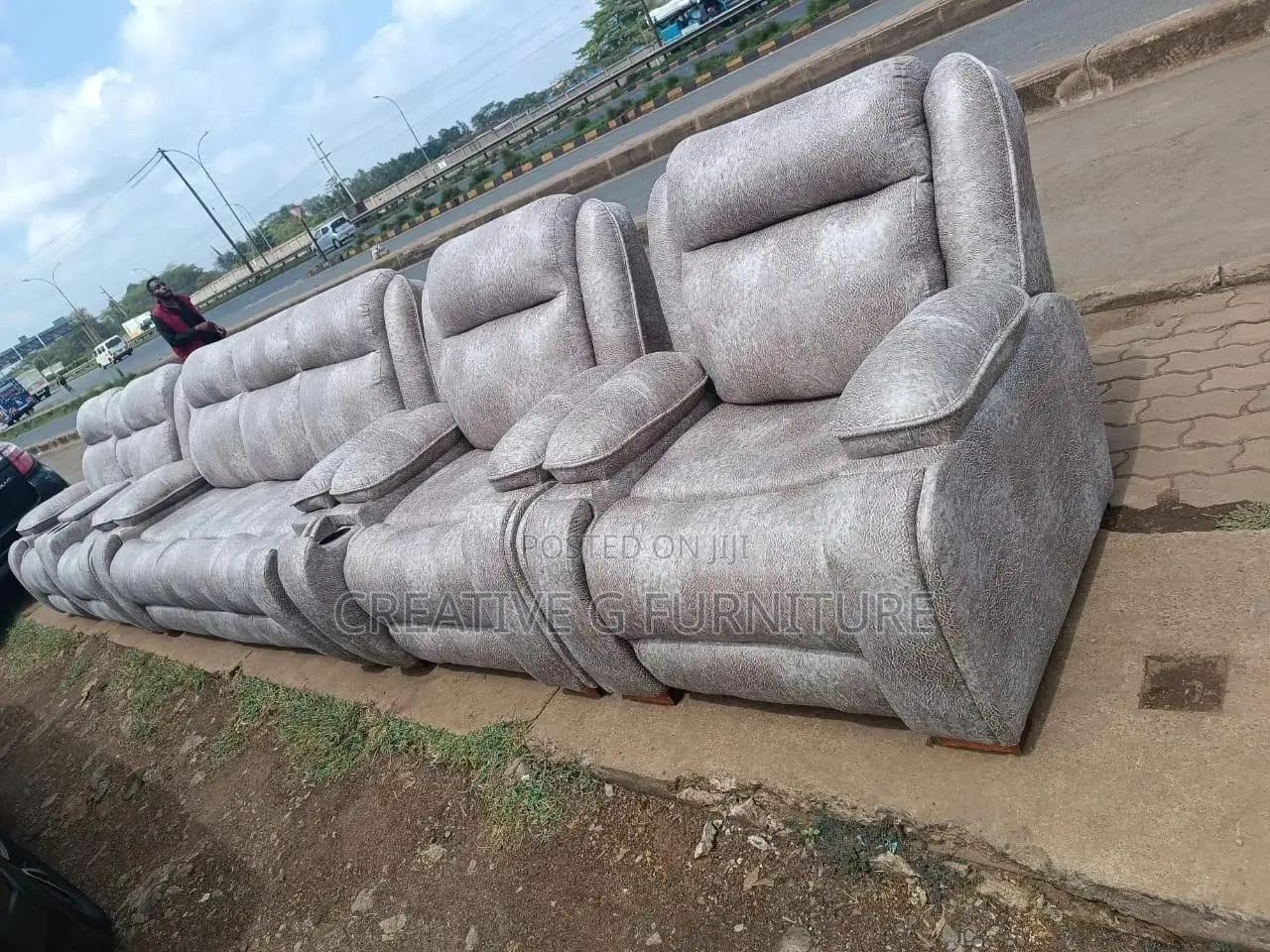 Elegant 7‐Seater Nude Semi‐Recliner Sofa Set