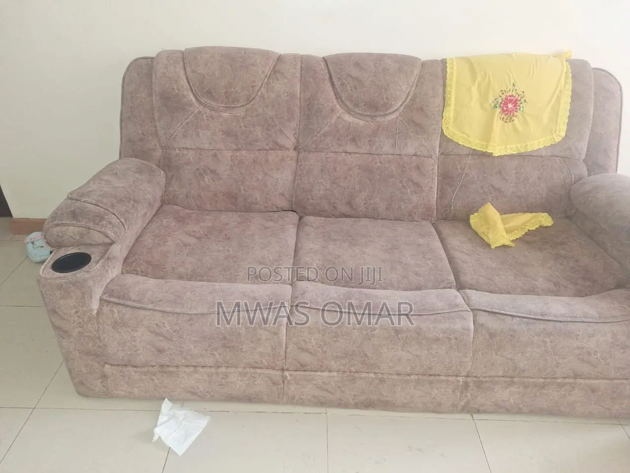 6 Seater Sofa Set With Console Cup Holders - Brown Fabric