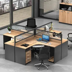 Office Workstation; Brown 4 Way Curved Office Workstation