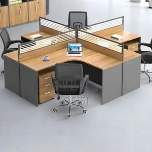Office Workstation; Brown 4 Way Curved Office Workstation
